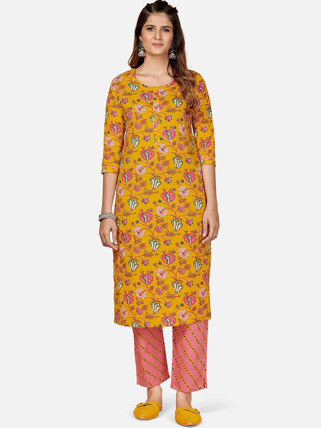 KALINI Women Yellow Floral Printed Pure Cotton Kurti with Trousers