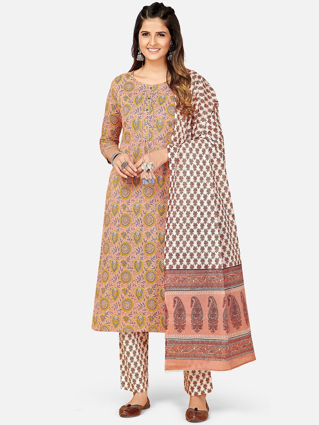 KALINI Women Beige Ethnic Motifs Printed Panelled Sequinned Pure Cotton Kurta with Palazzos & With Dupatta
KALINI Women Beige Ethnic Motifs Printed Panelled Sequinned Pure Cotton Kurta with Palazzos & With Dupatta