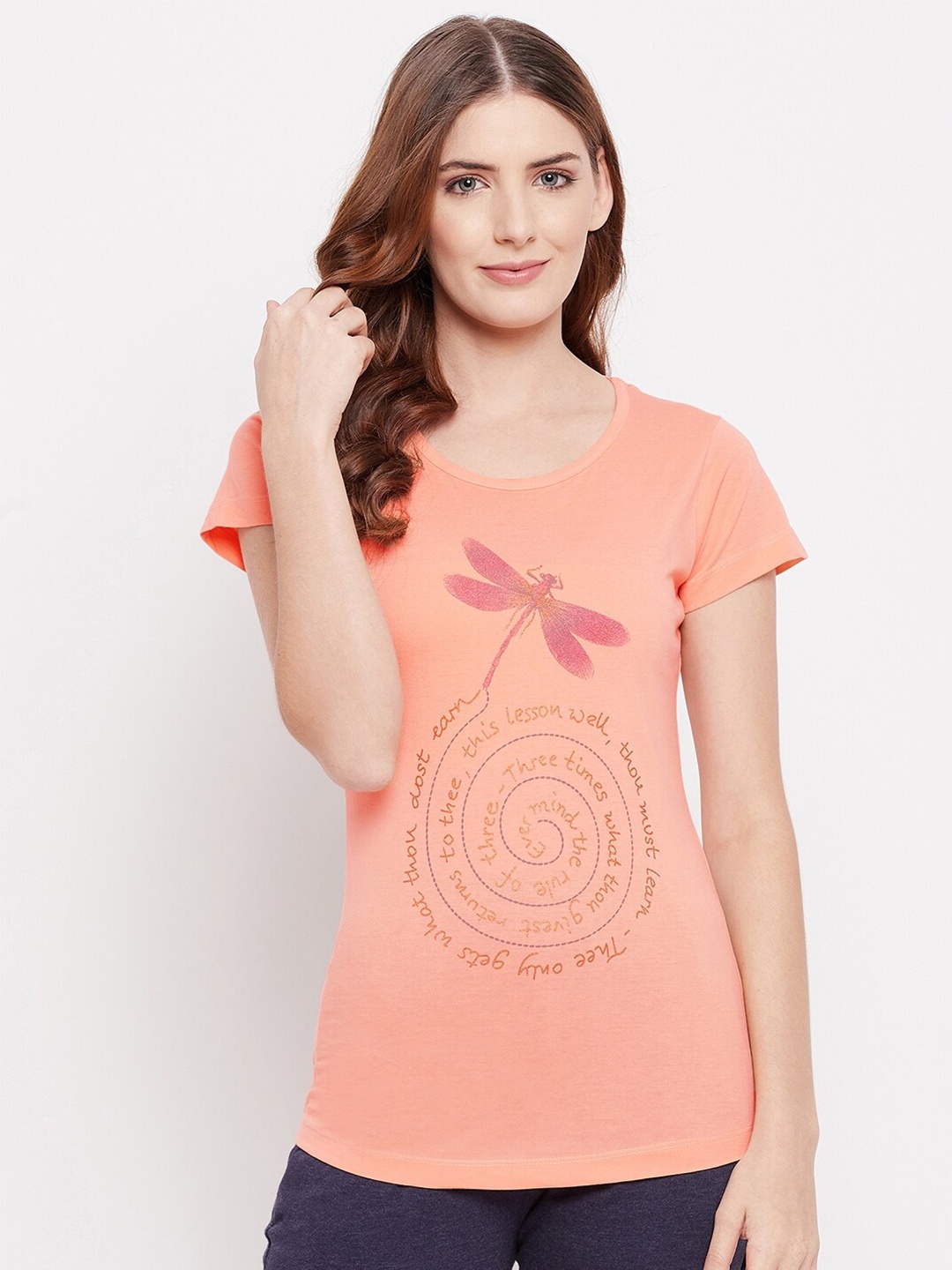 THE MILLION CLUB Women Peach-Coloured Printed T-shirt