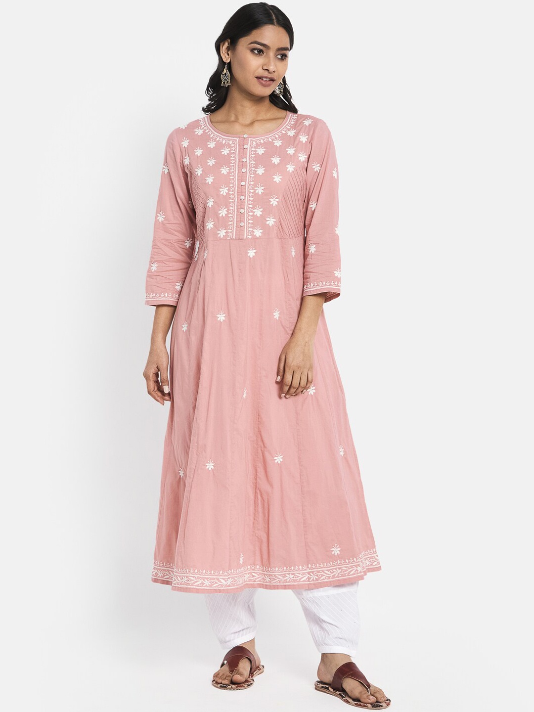 Fabindia Women Rose Floral Embroidered Chikankari Anarkali Kurta