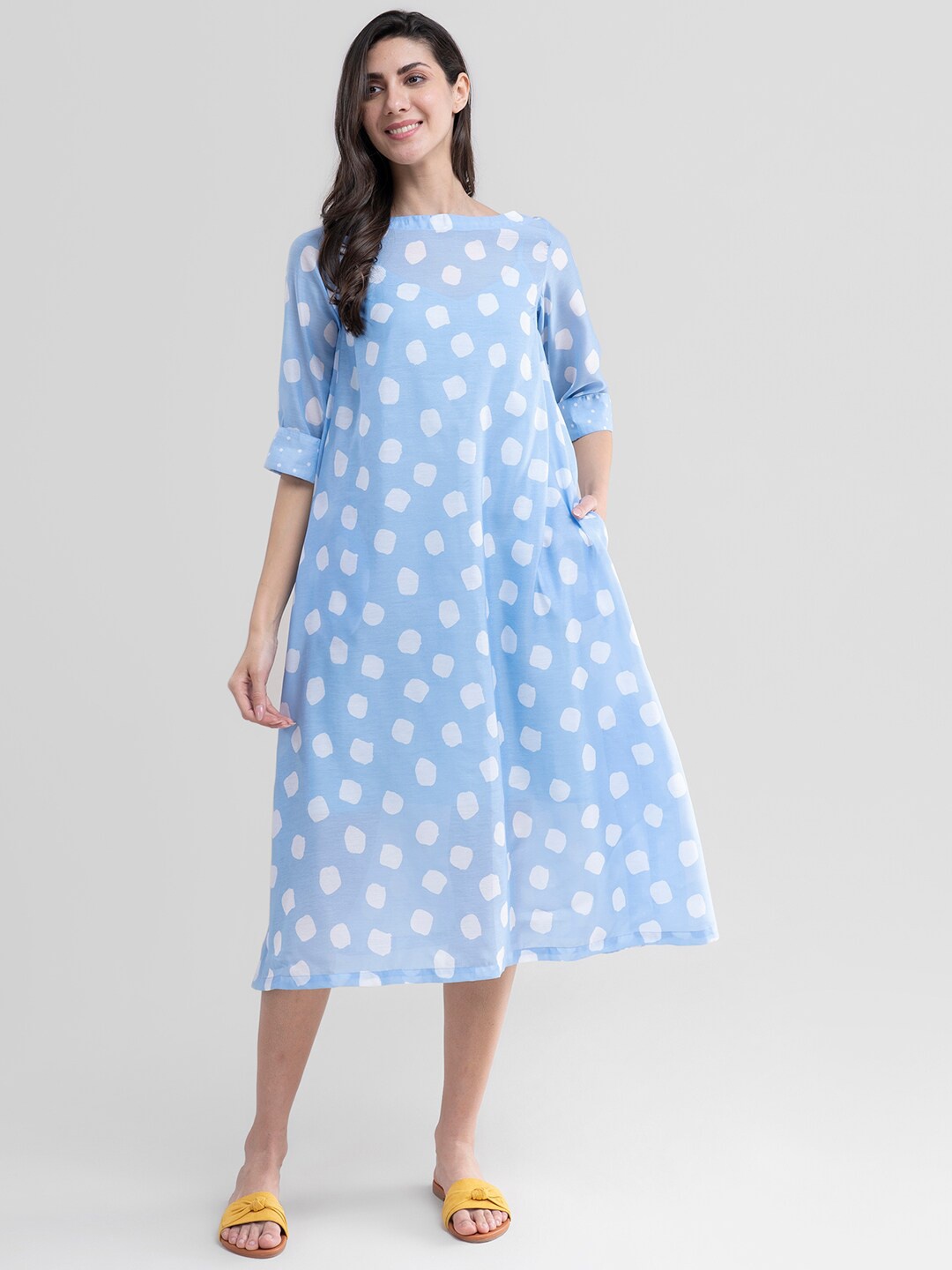Pink Fort Blue & White A-Line Midi Dress