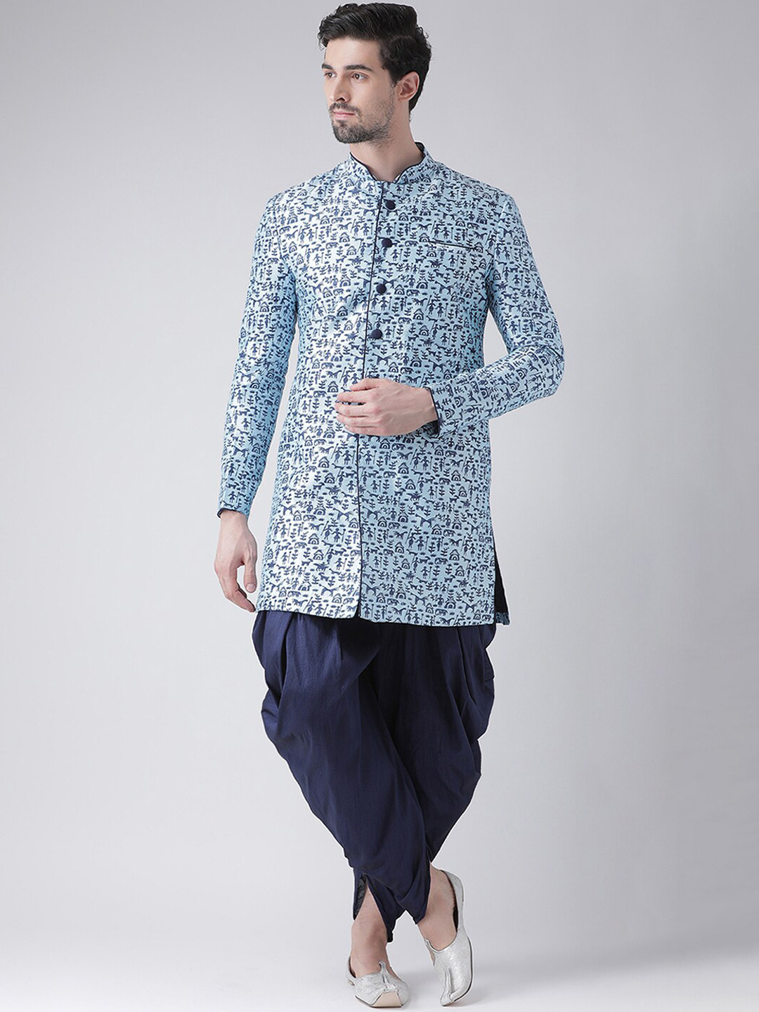 DEYANN Men Turquoise Blue & Navy Blue Ethnic Motifs Printed Sherwani With Dhoti Pants
DEYANN Men Turquoise Blue & Navy Blue Ethnic Motifs Printed Sherwani With Dhoti Pants