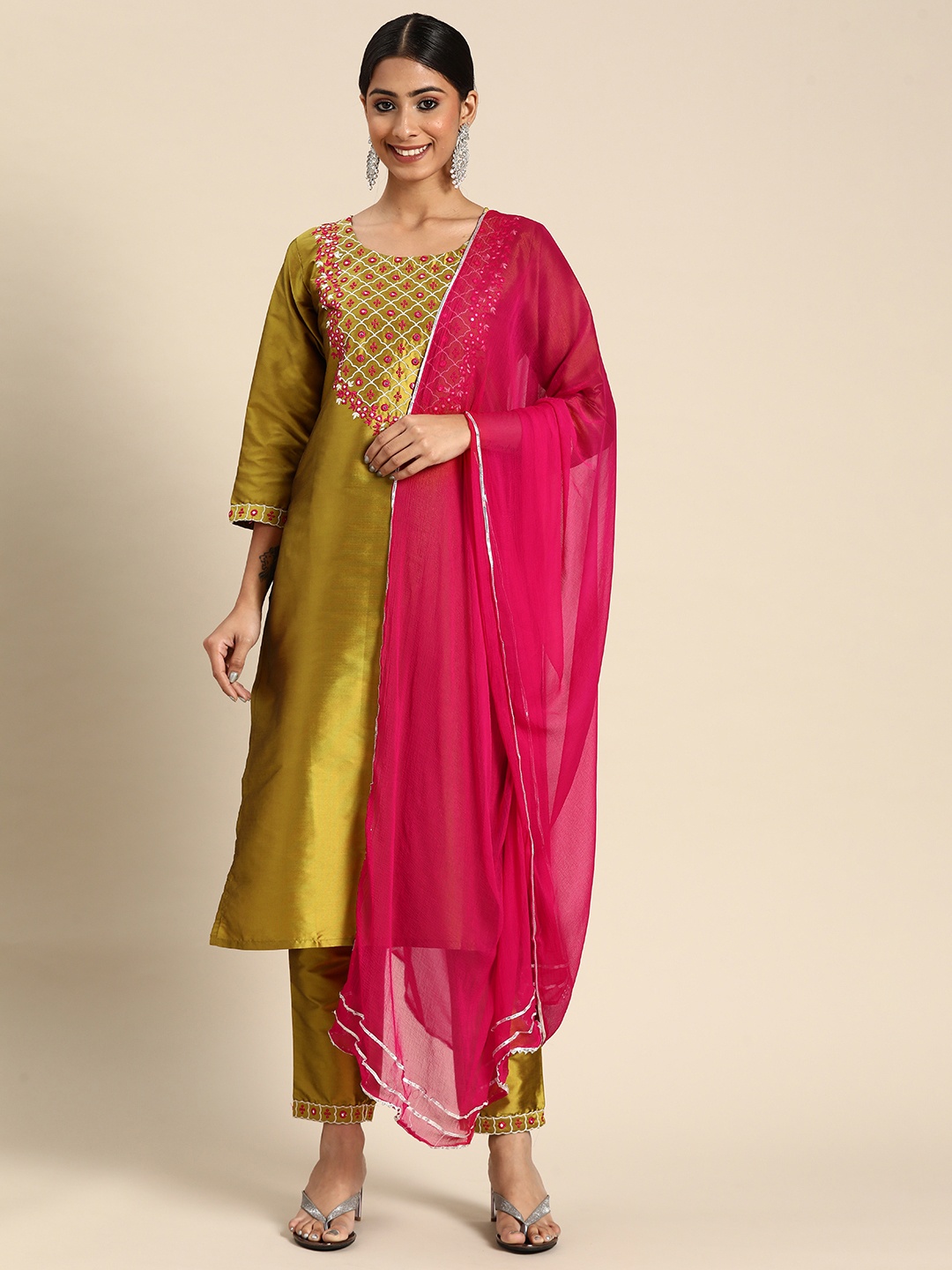 GERUA Women Lime Green Floral Yoke Design Mirror Work Kurta with Trousers & With Dupatta