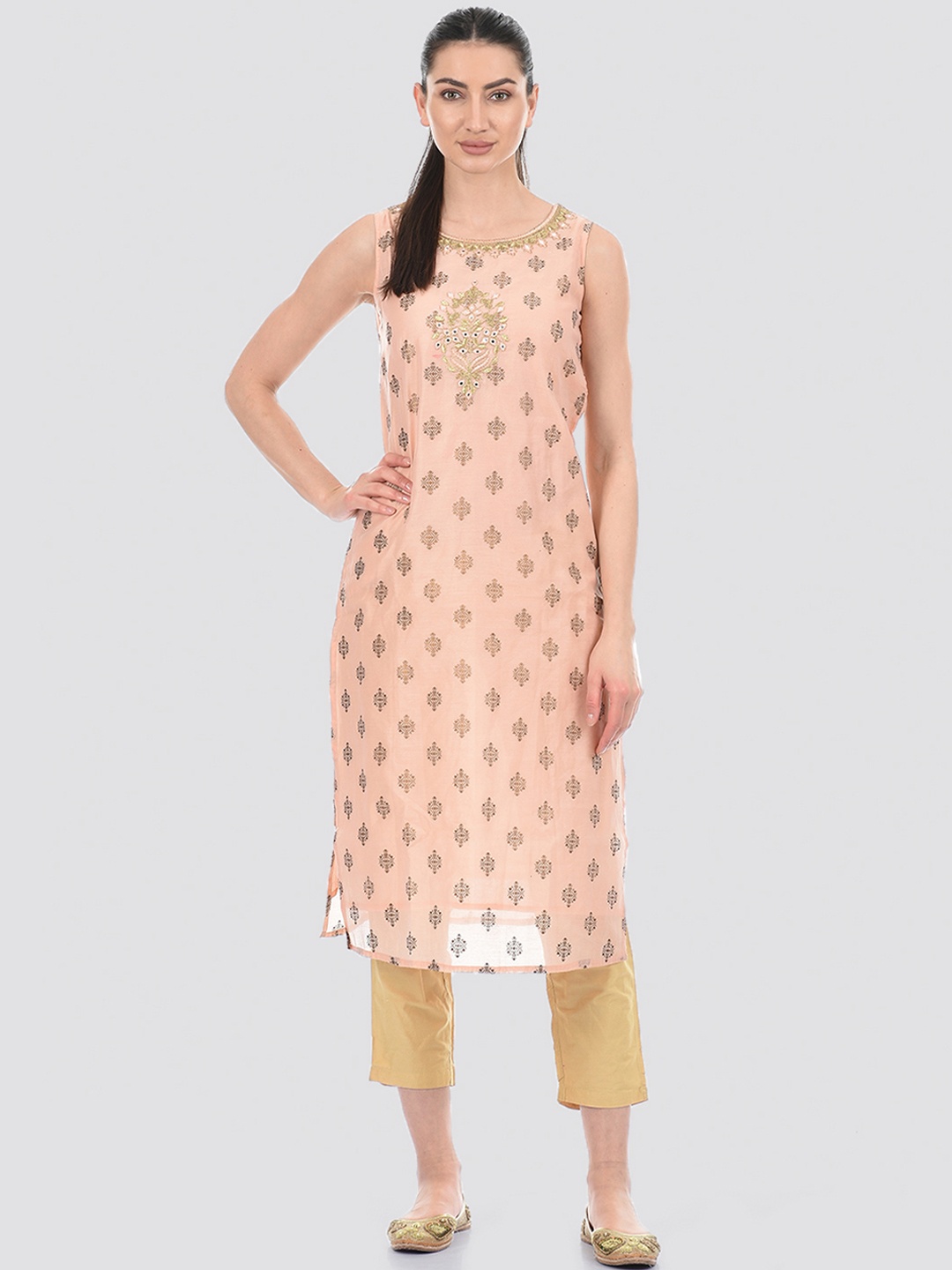 Ethnicity Women Peach-Coloured & Golden Ethnic Motifs Printed Thread Work Straight Kurta
Ethnicity Women Peach-Coloured & Golden Ethnic Motifs Printed Thread Work Straight Kurta