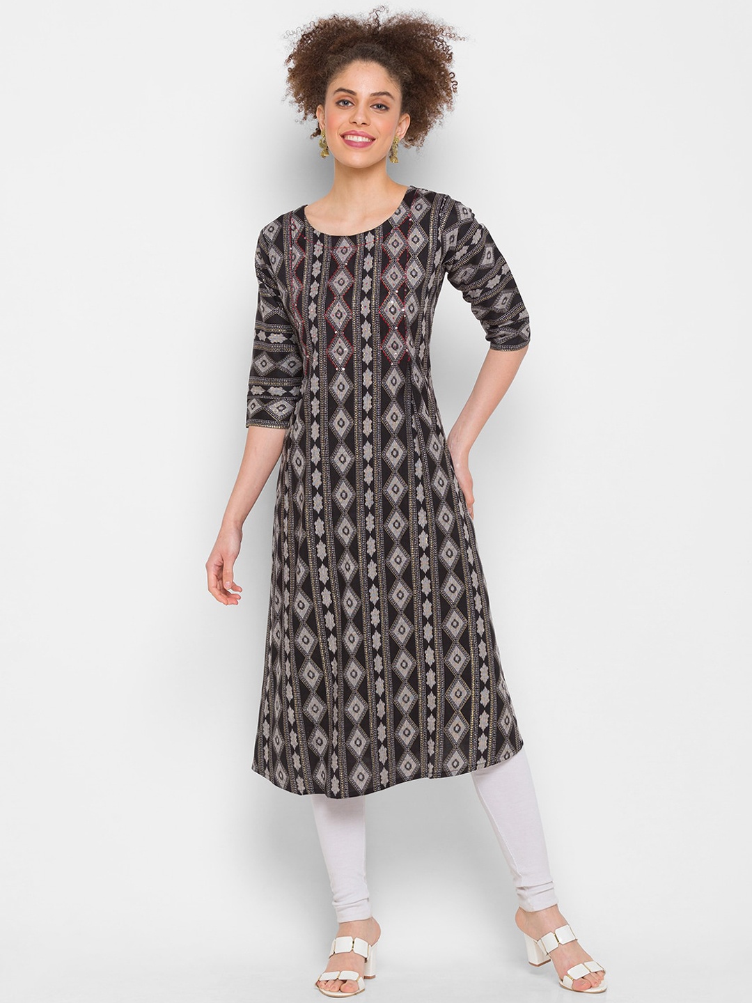 ZOLA Women Black & Grey Ethnic Motifs Printed Kurta