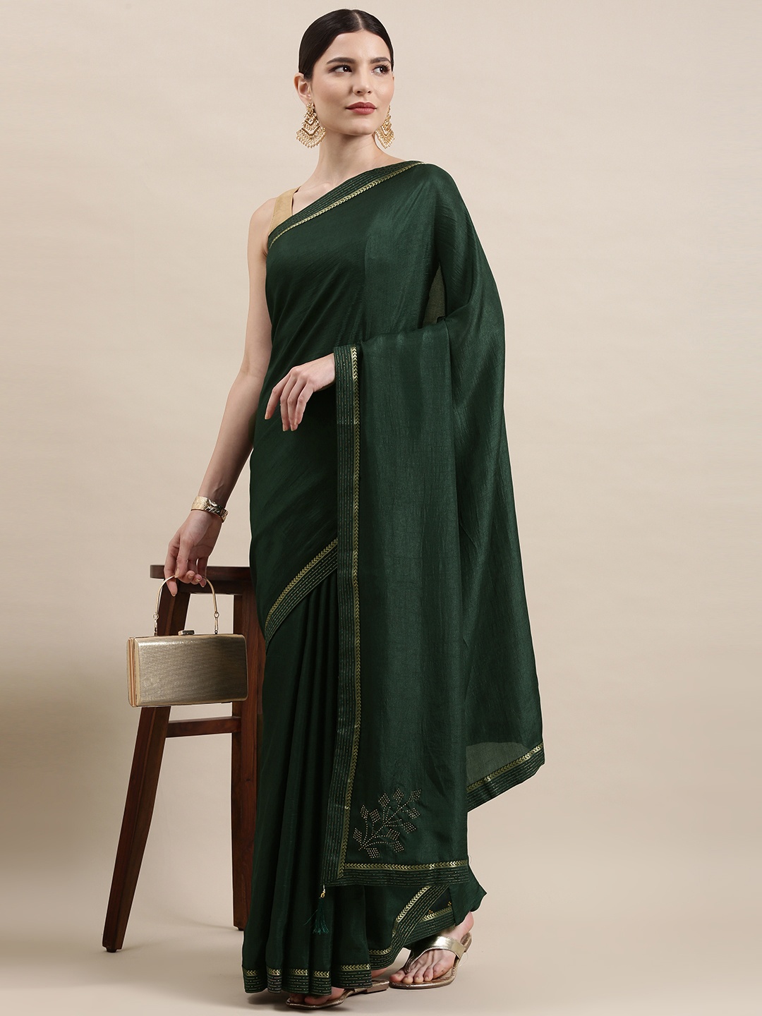 Indian Women Green & Golden Zari Silk Blend Saree