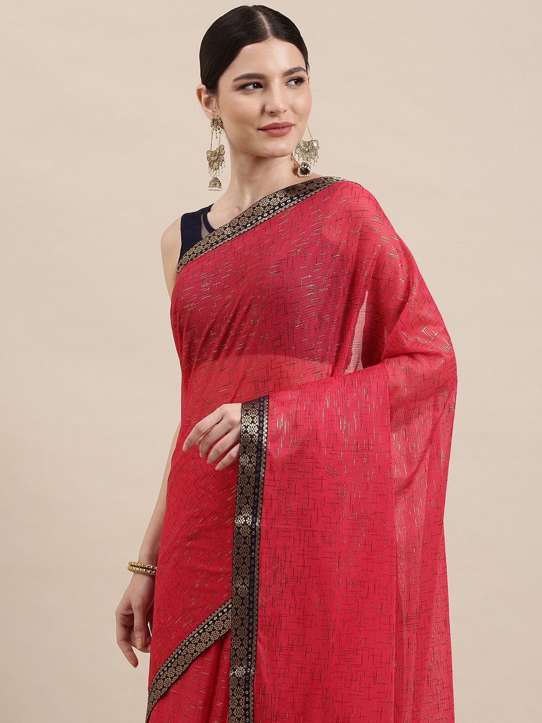 Indian Women Coral Pink & Black Ethnic Motifs Zari Silk Blend Saree