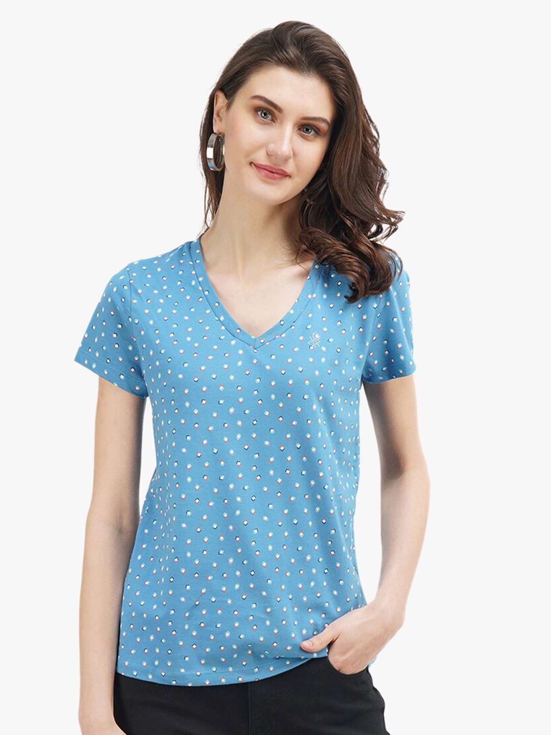 United Colors of Benetton Blue Printed V-Neck Cotton T-shirt