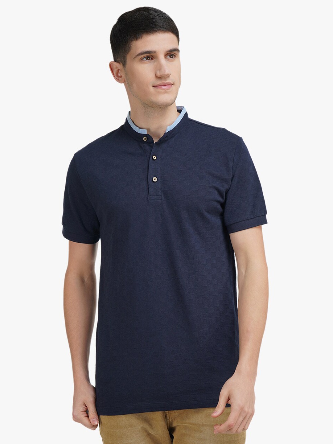 United Colors of Benetton Men Navy Blue Mandarin Collar T-shirt