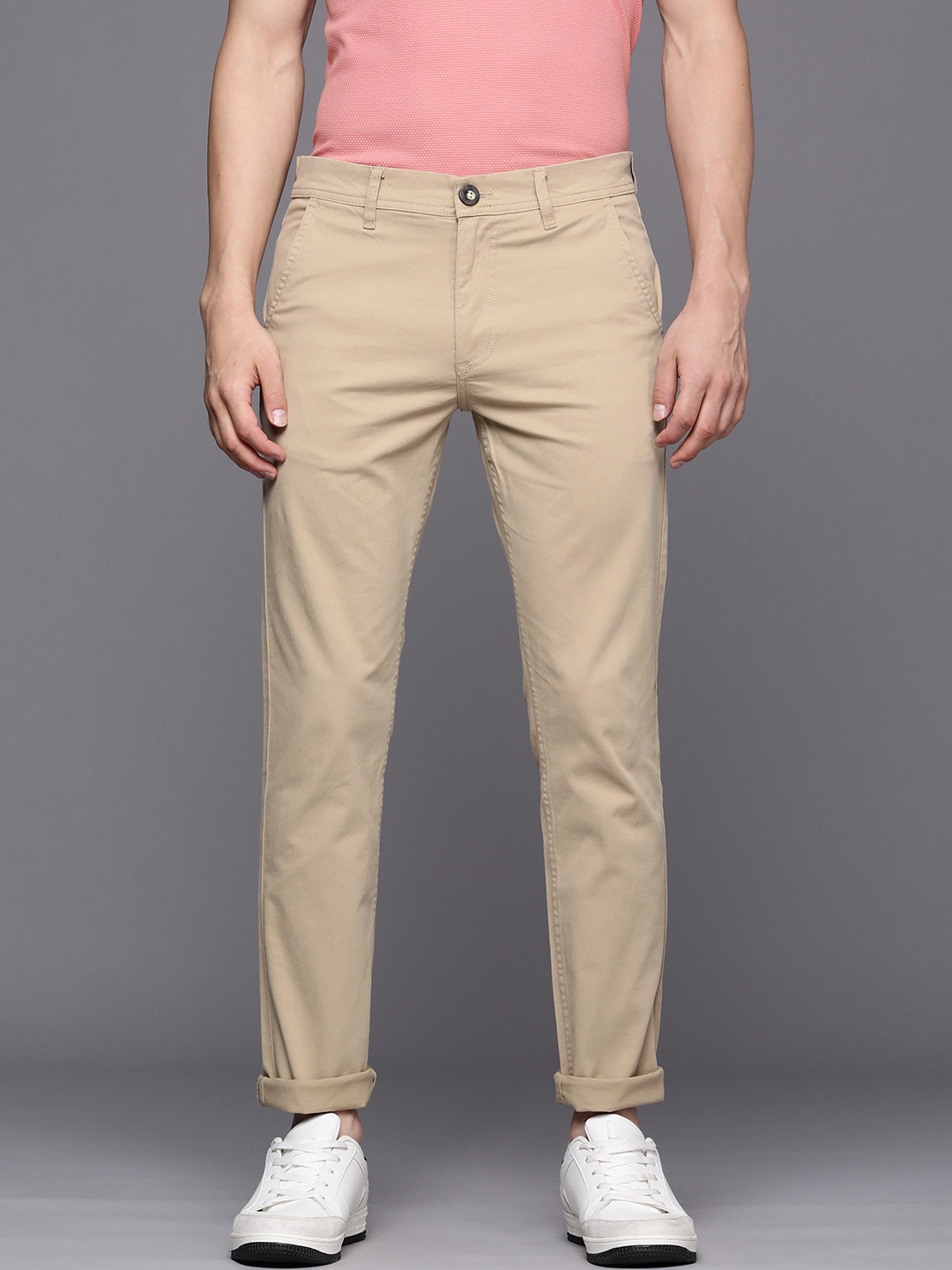 WROGN Men Beige Solid Mid Rise Casual Chinos Trousers