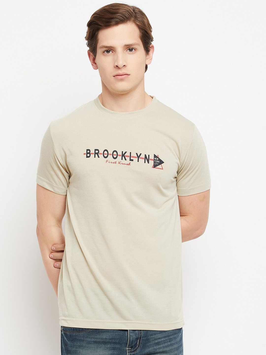 FirstKrush Men Grey Typography Printed Regular Fit Cotton T-shirt