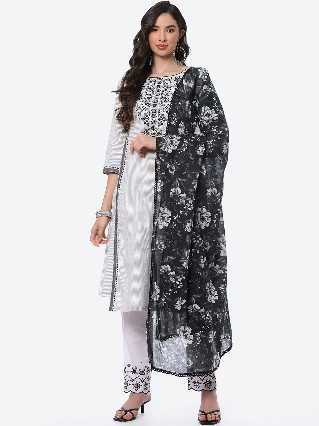 Biba Women Black & White Striped Embroidered Detail Cotton Kurta with Trousers & Dupatta
Biba Women Black & White Striped Embroidered Detail Cotton Kurta with Trousers & Dupatta