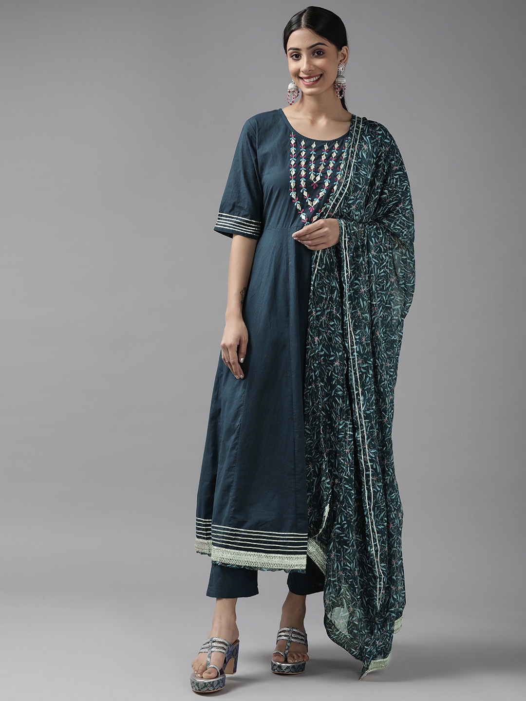 Yufta Women Teal Blue Panelled Gotta Patti Pure Cotton Kurta with Palazzos & With Dupatta
Yufta Women Teal Blue Panelled Gotta Patti Pure Cotton Kurta with Palazzos & With Dupatta