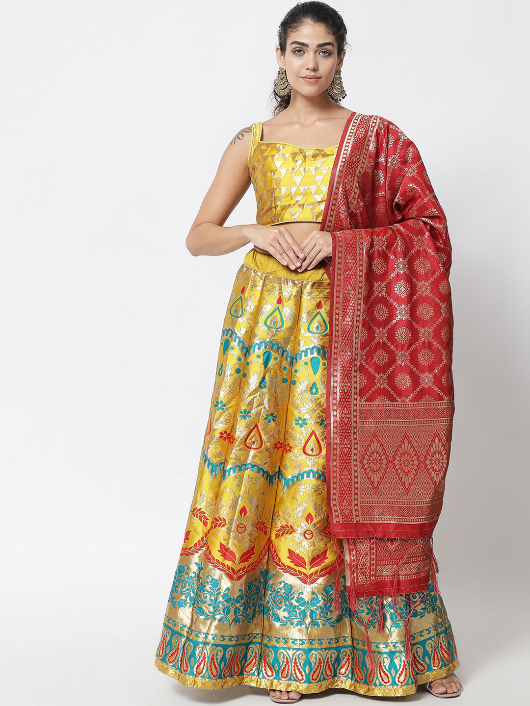 DIVASTRI Yellow & Red Printed Semi-Stitched Lehenga & Unstitched Blouse With Dupatta
DIVASTRI Yellow & Red Printed Semi-Stitched Lehenga & Unstitched Blouse With Dupatta