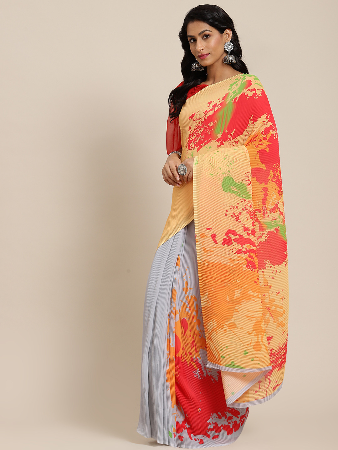 SHANGRILA Orange & Red Digital Printed Georgette Accordion Saree 
SHANGRILA Orange & Red Digital Printed Georgette Accordion Saree