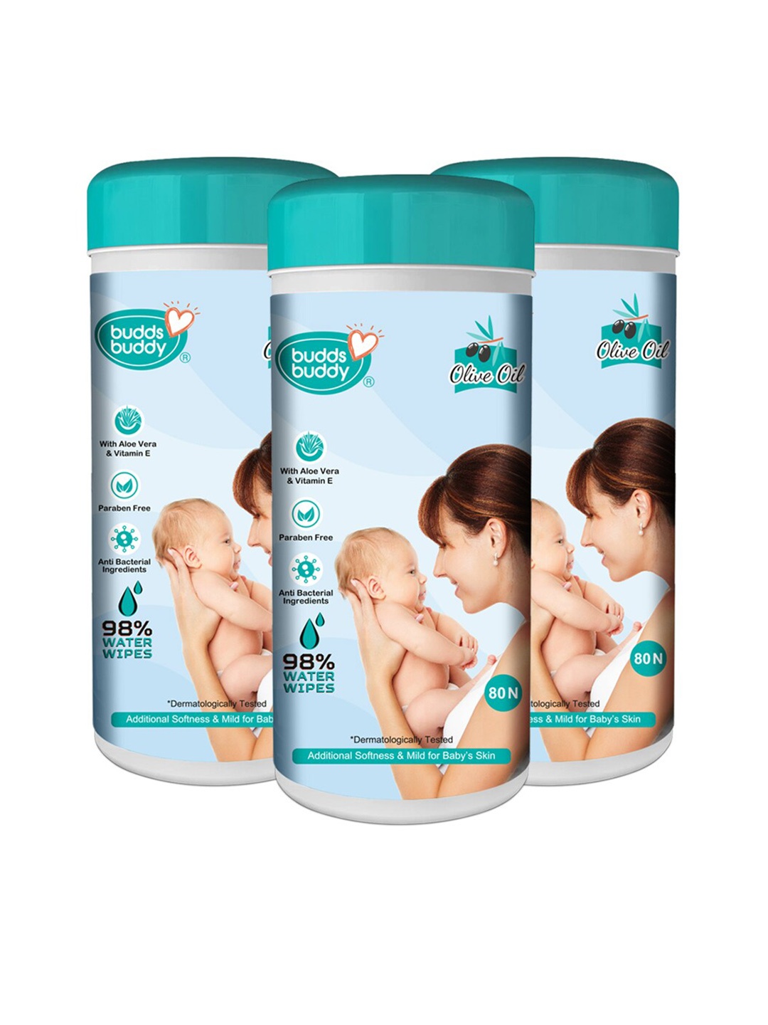 BUDDSBUDDY Pack of 3 Olive Oil & Aloe Vera Canister Wet Baby Wipes With Vit E 80 Pull Each, White
BUDDSBUDDY Pack of 3 Olive Oil & Aloe Vera Canister Wet Baby Wipes With Vit E 80 Pull Each, White