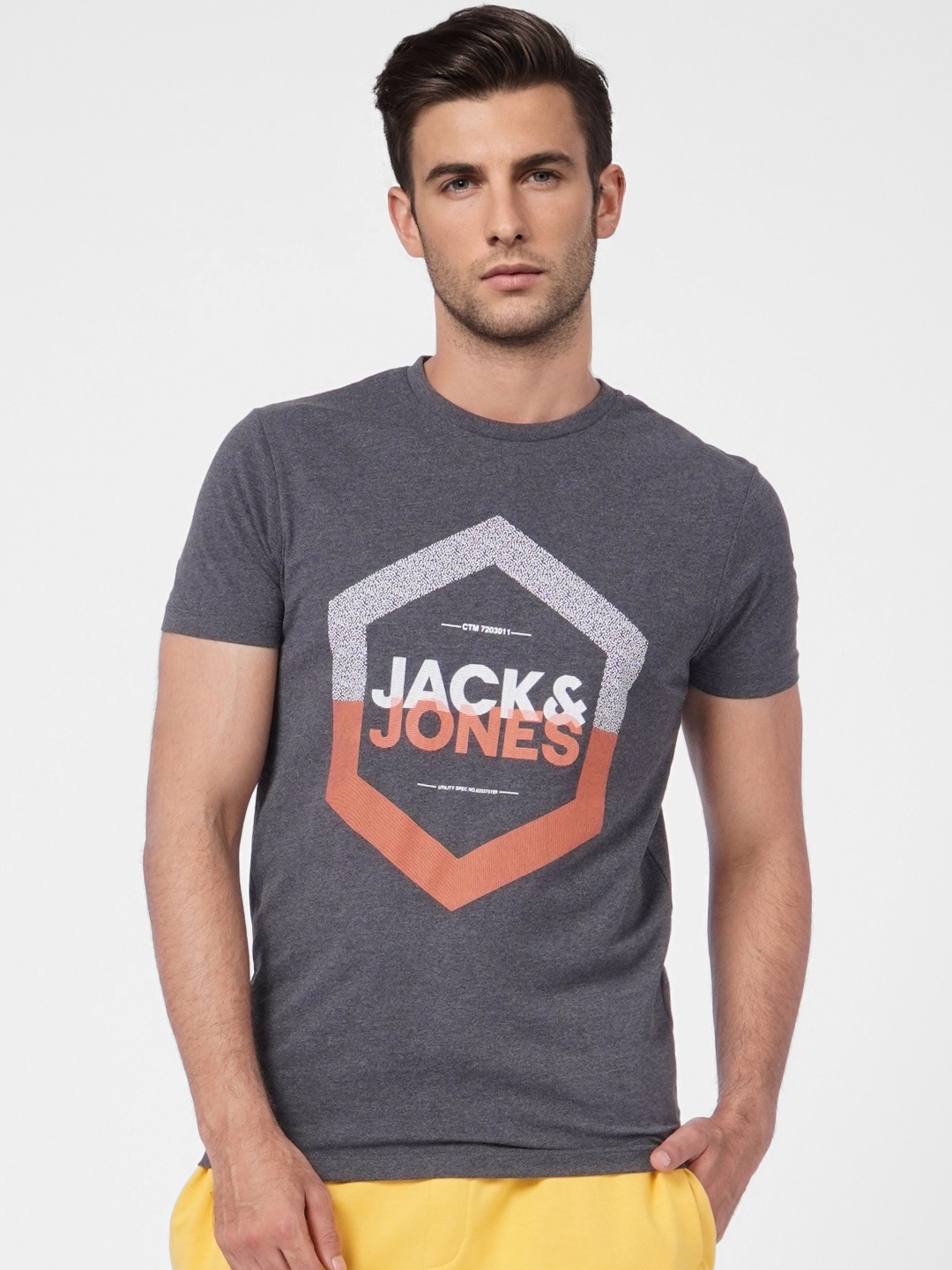 Jack & Jones Men Grey Typography Slim Fit Cotton T-shirt