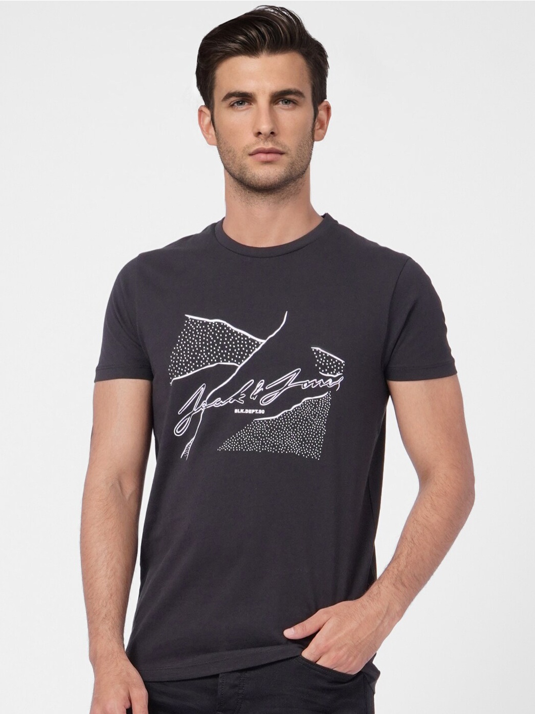 Jack & Jones Men Black Typography Printed Slim Fit T-shirt