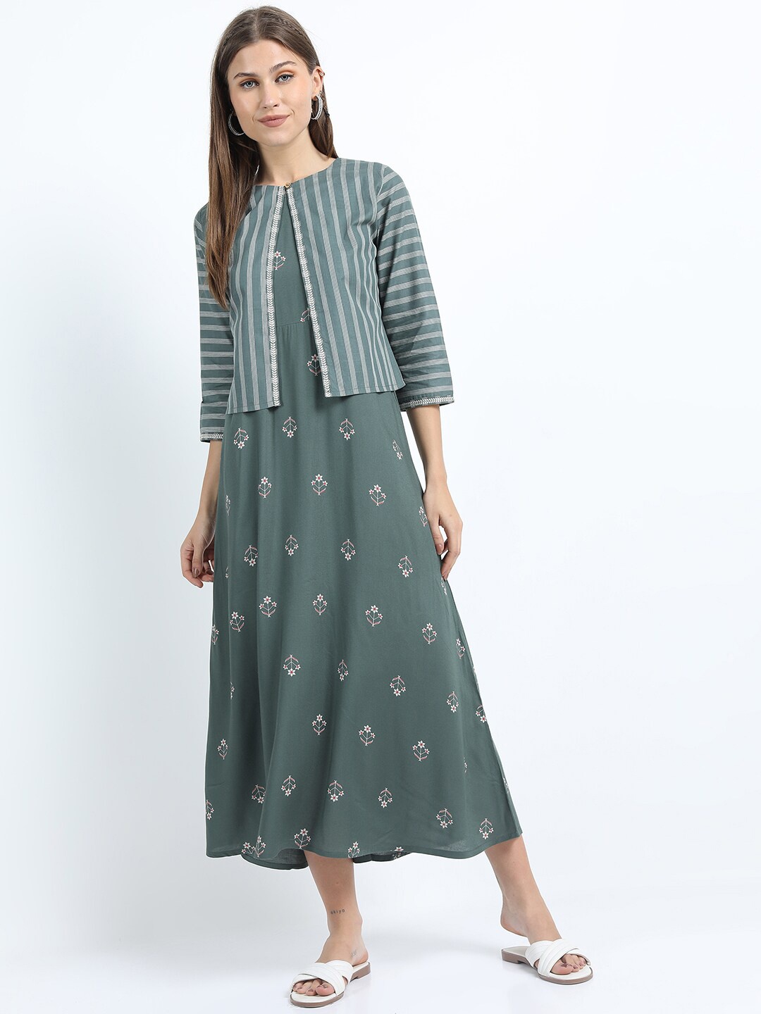 Vishudh Women Olive Green Floral Printed Layered Ethnic A-Line Midi Dress With Jacket
Vishudh Women Olive Green Floral Printed Layered Ethnic A-Line Midi Dress With Jacket