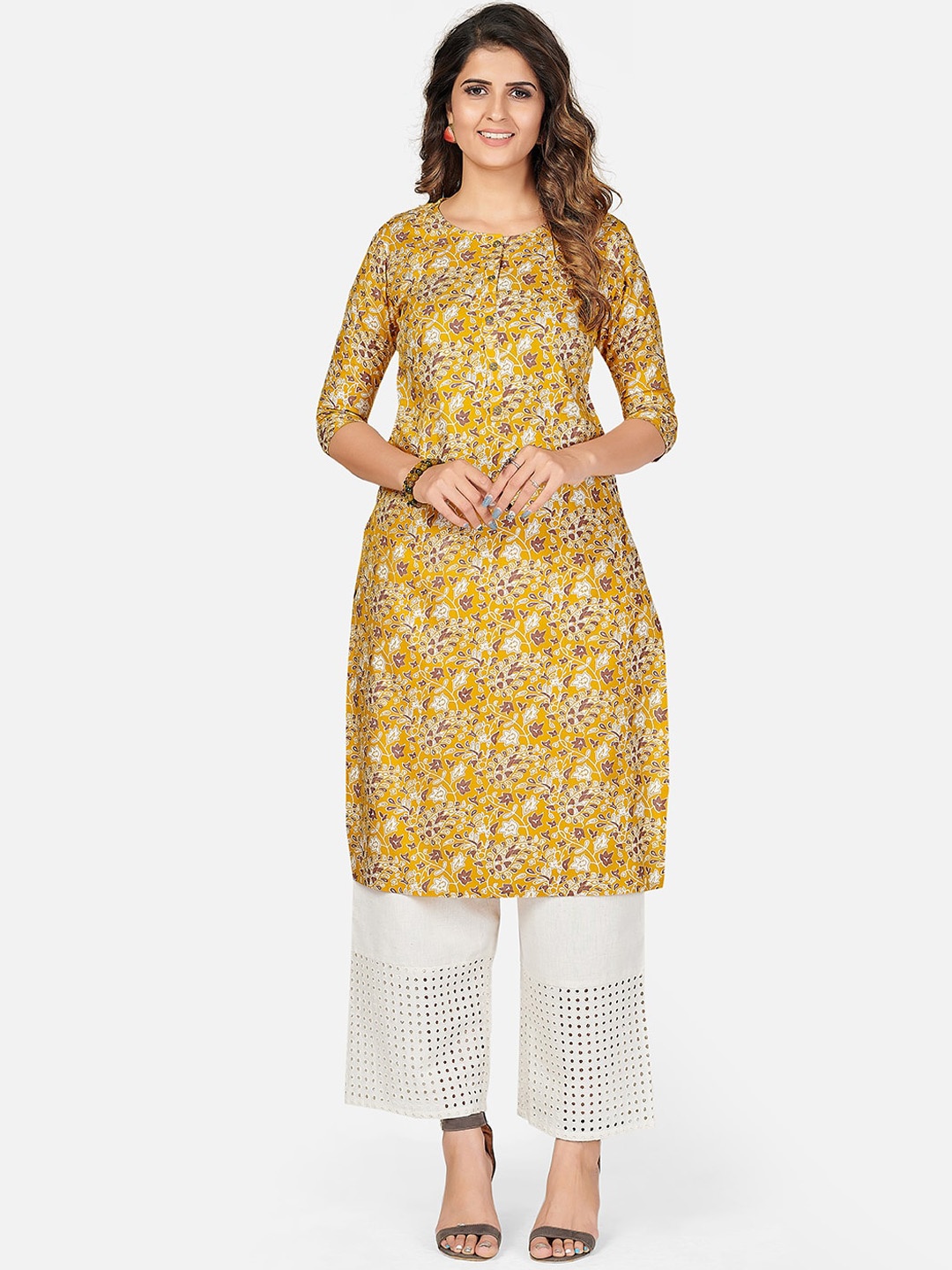 KALINI Women Yellow Floral Printed Kurta