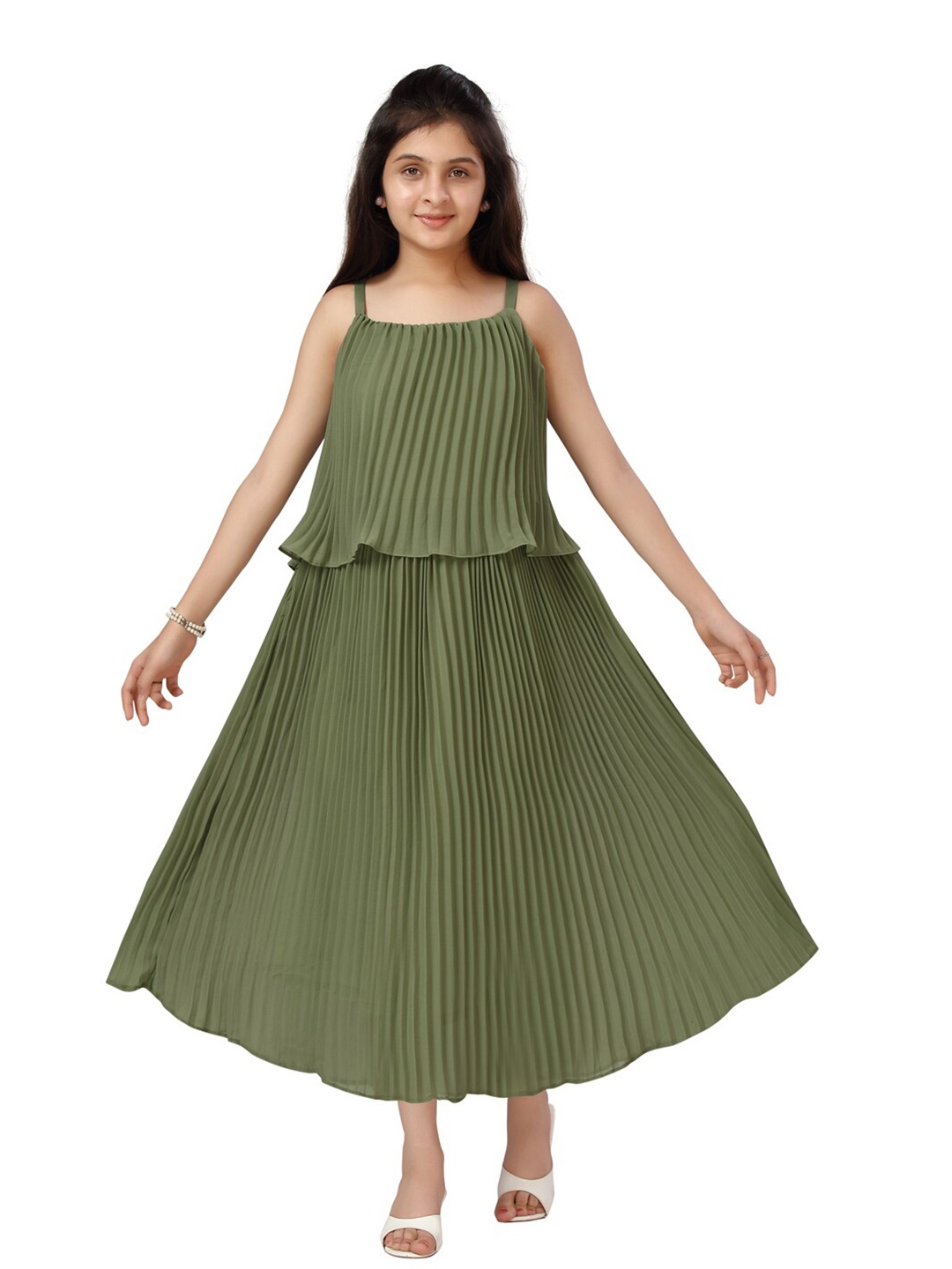 Aarika Girls Green Accordion Pleated A-Line Midi Dress