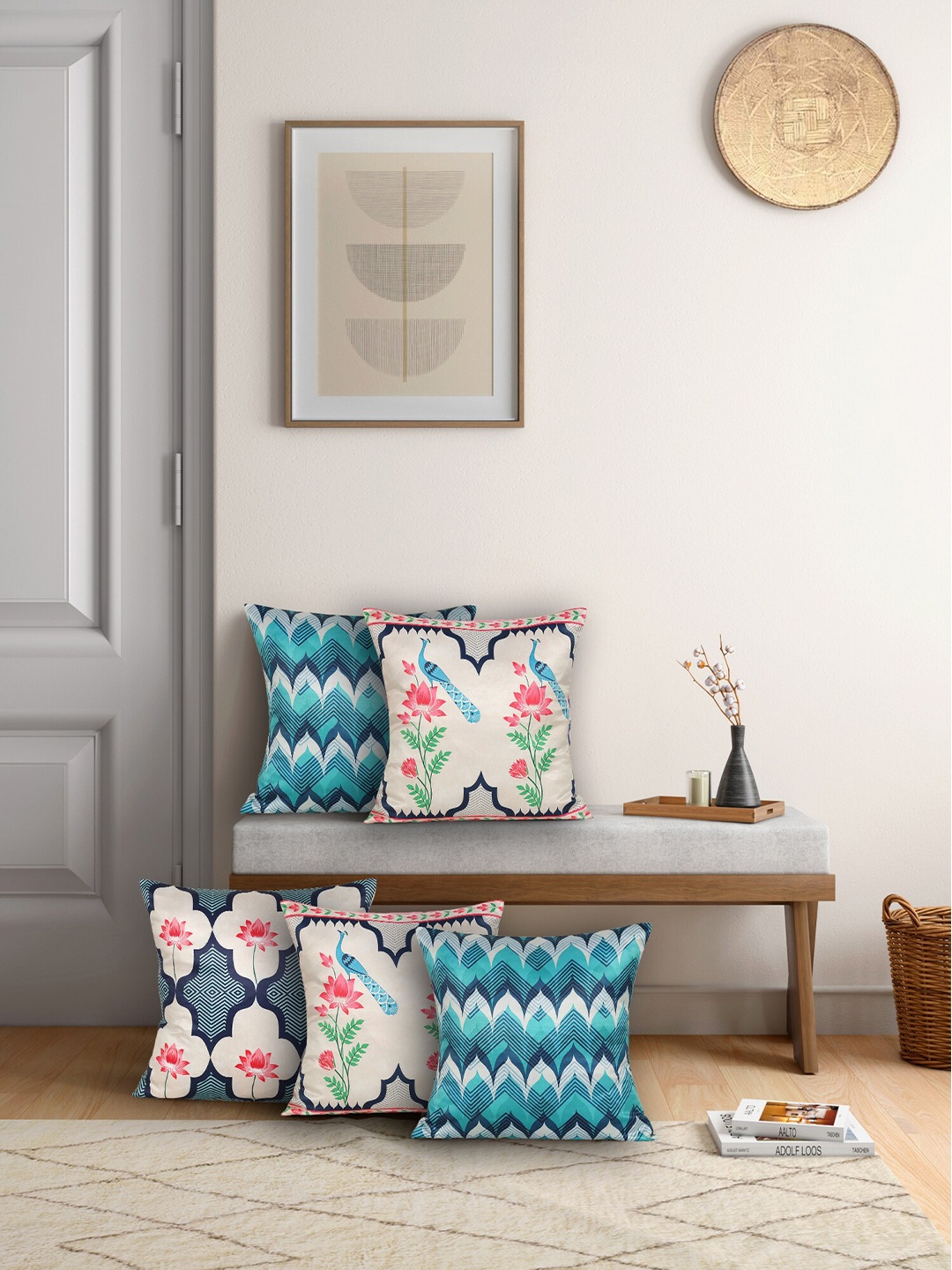 India Circus by Krsnaa Mehta Beige & Blue Set of 5 Floral Satin Square Cushion Covers
India Circus by Krsnaa Mehta Beige & Blue Set of 5 Floral Satin Square Cushion Covers