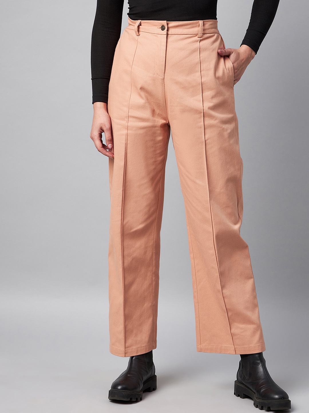 Orchid Blues Women Peach-Coloured Tailored Straight High-Rise Pleated Pure Cotton Trousers
Orchid Blues Women Peach-Coloured Tailored Straight High-Rise Pleated Pure Cotton Trousers