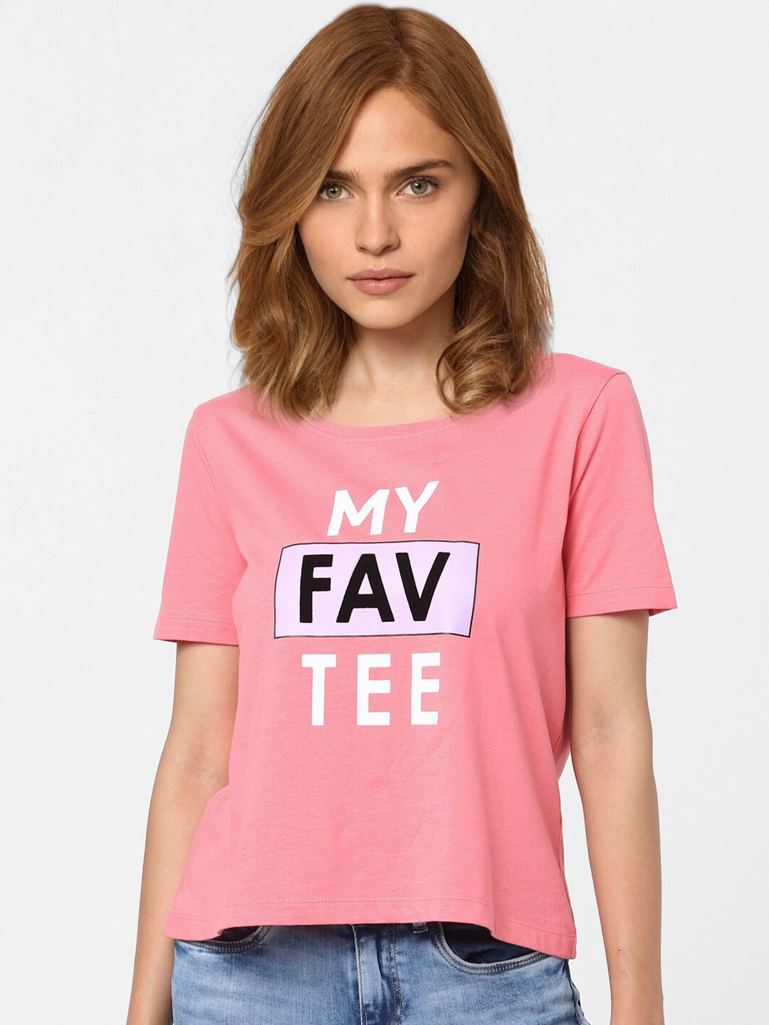 Vero Moda Women Pink Typography Printed Cotton T-shirt