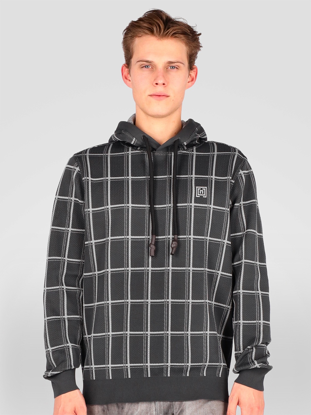 FREESOUL Men Grey Checked Hooded Sweatshirt