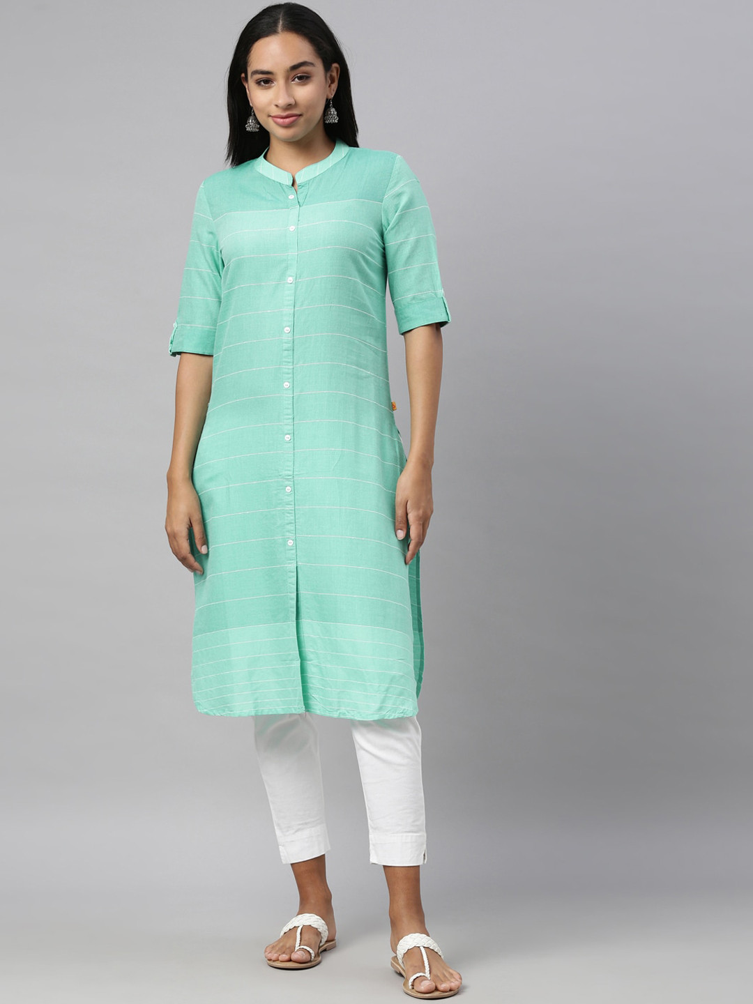 Nahara Women Green Striped Cotton Kurta 
Nahara Women Green Striped Cotton Kurta