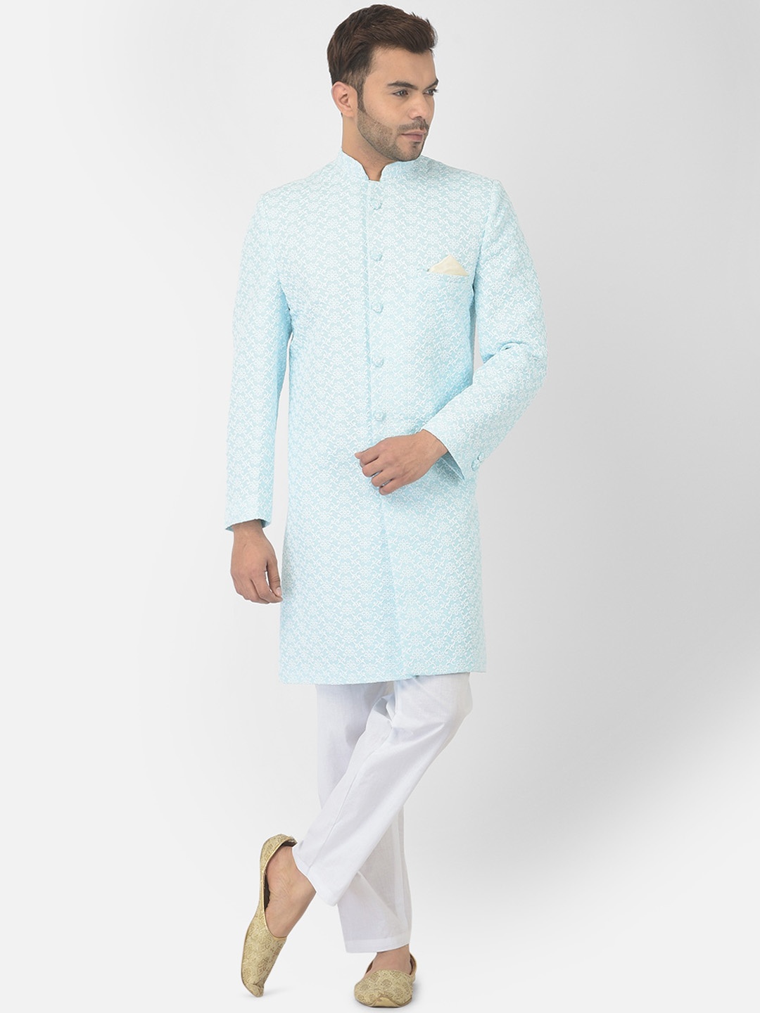 DEYANN Men Blue & White Chikankari Design Sherwani Set