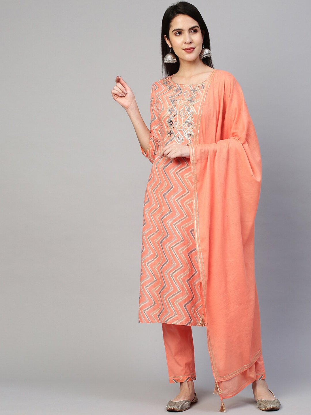 FASHOR Women Orange Printed Mirror Work Kurta with Trousers & Dupatta
