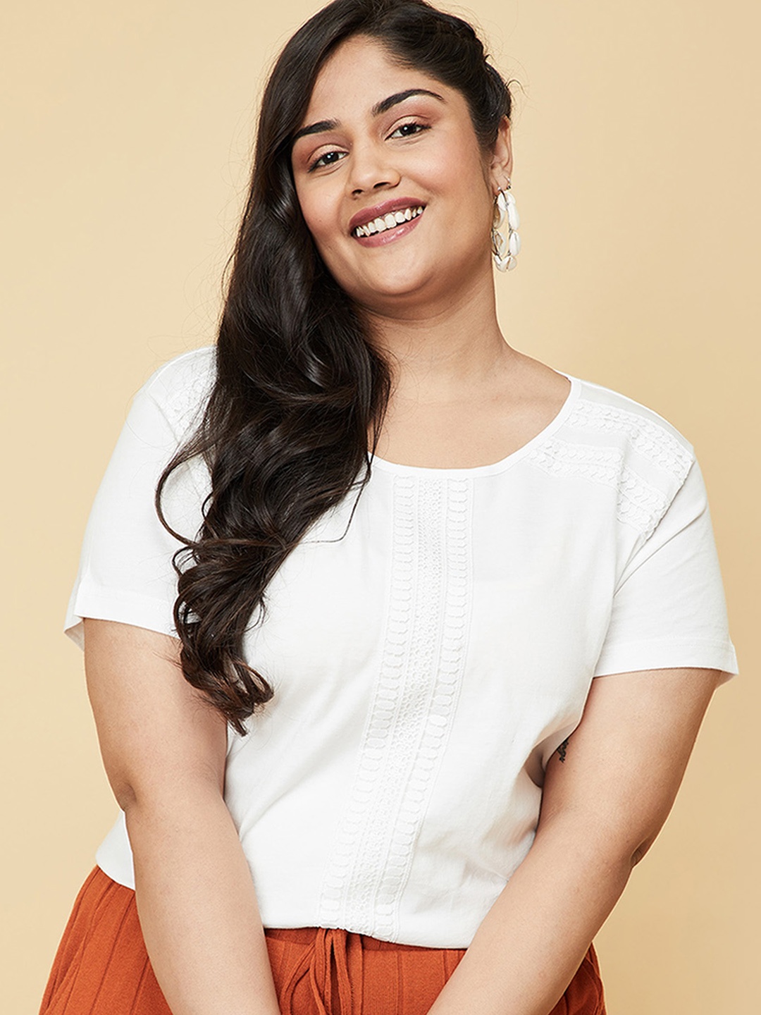 max Women Plus Size White Pure Cotton T-shirt