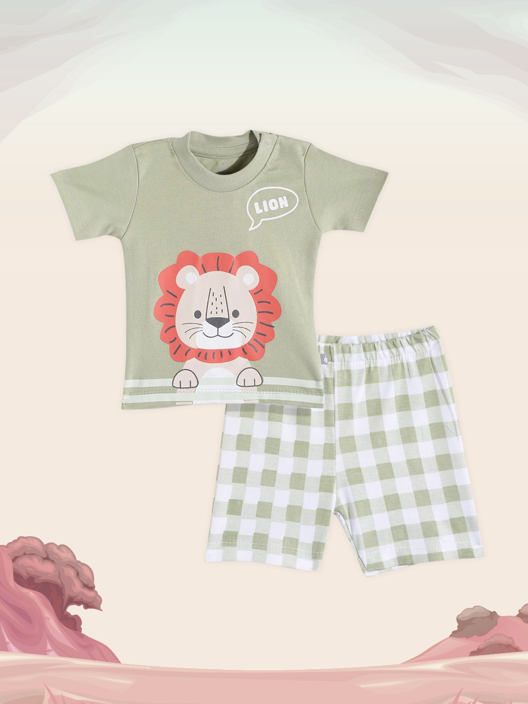 TINYO Boys Green & Coral Pure Cotton Graphic Print T-shirt with Shorts