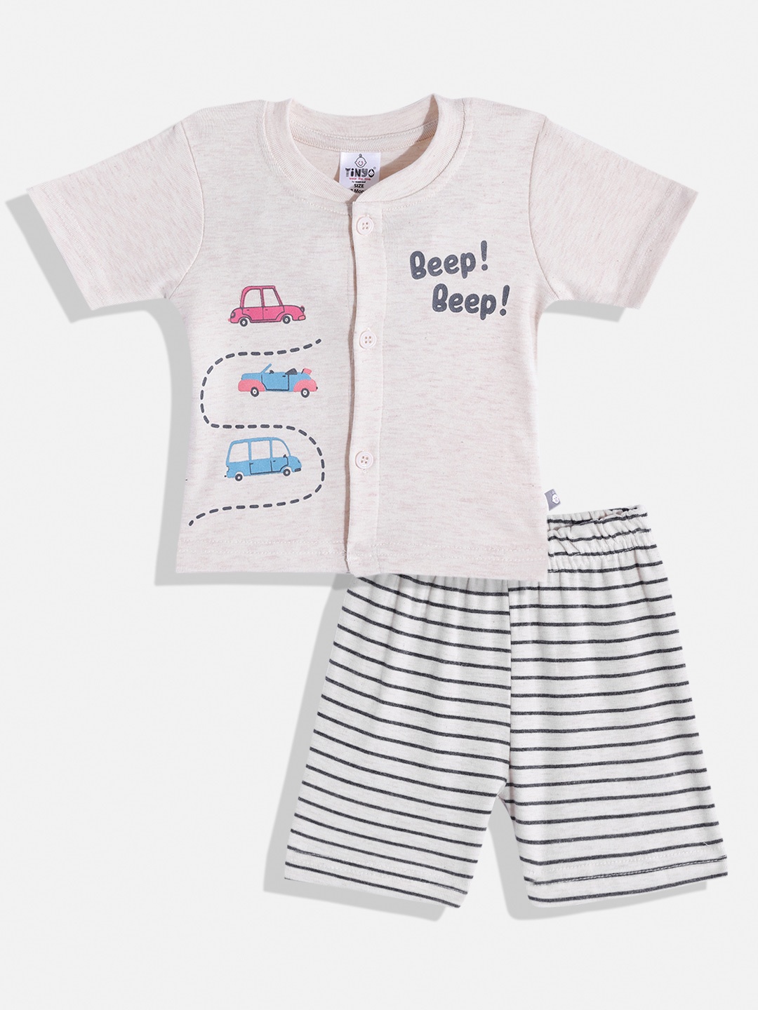 TINYO Boys Beige & Grey Pure Cotton Typography Printed T-shirt with Shorts
