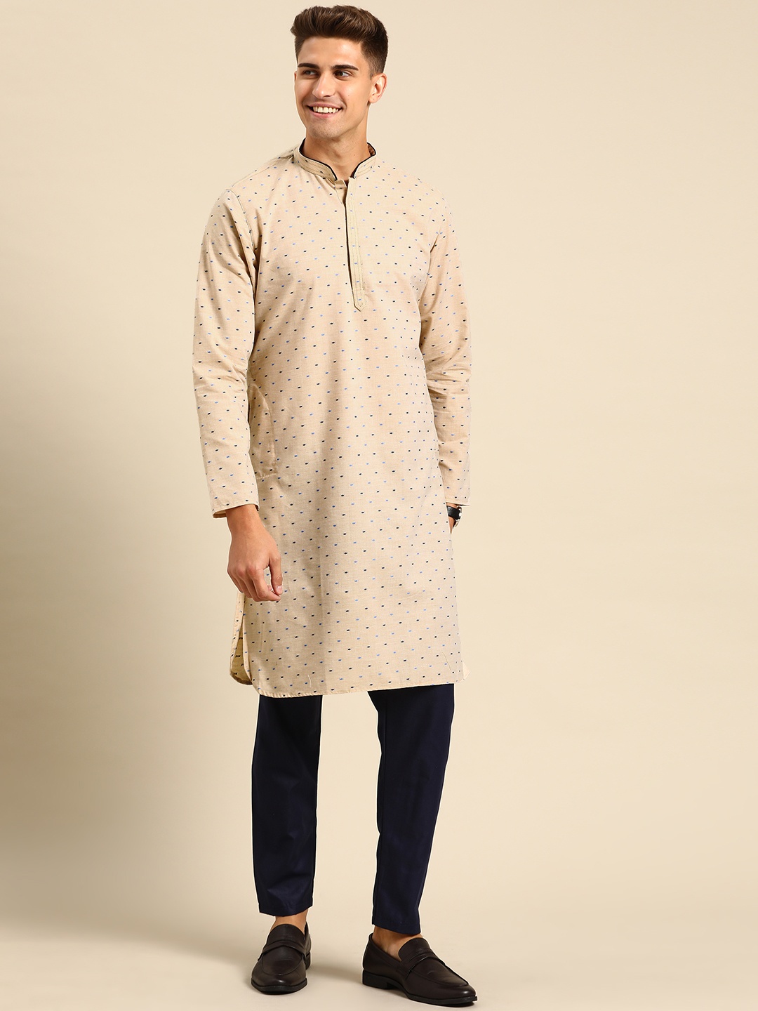 Anouk Men Cream-Coloured Woven Design Pure Cotton Kurta with Pyjamas