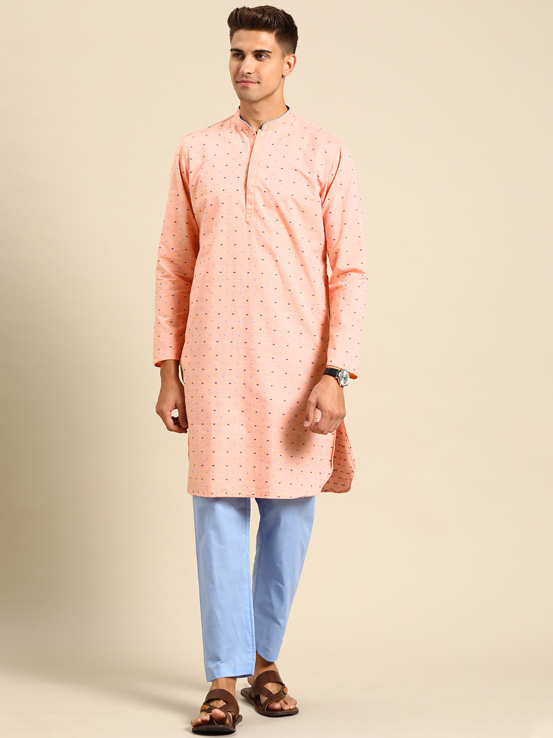 Anouk Men Peach-Coloured Woven Design Pure Cotton Kurta with Pyjamas 
Anouk Men Peach-Coloured Woven Design Pure Cotton Kurta with Pyjamas