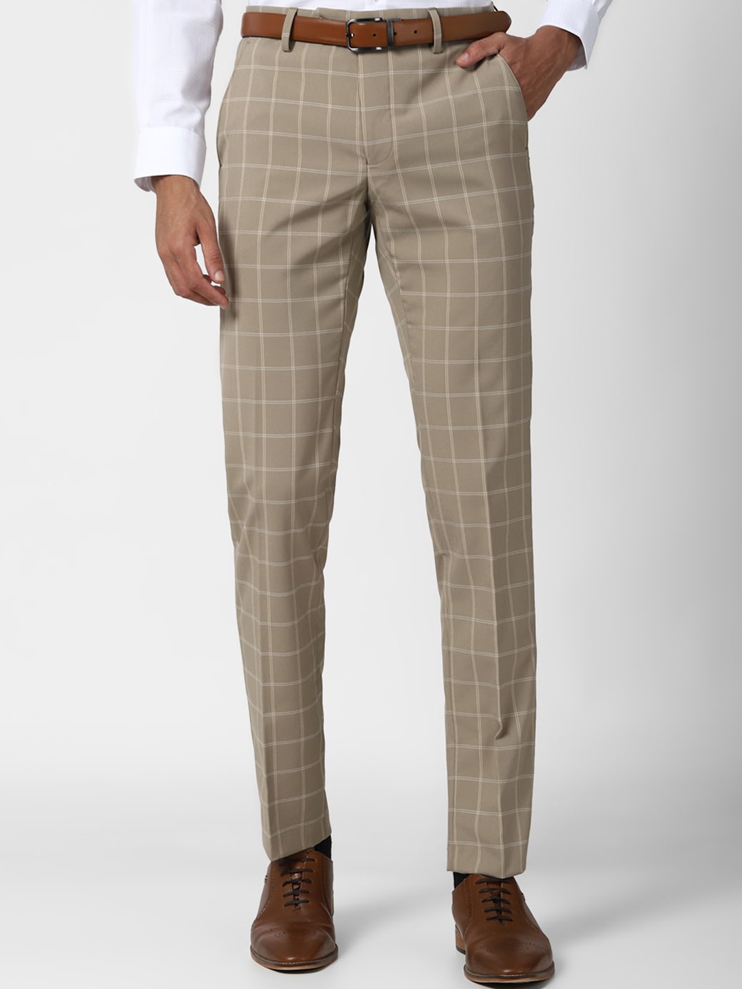 Peter England Men Khaki Checked Slim Fit Trousers