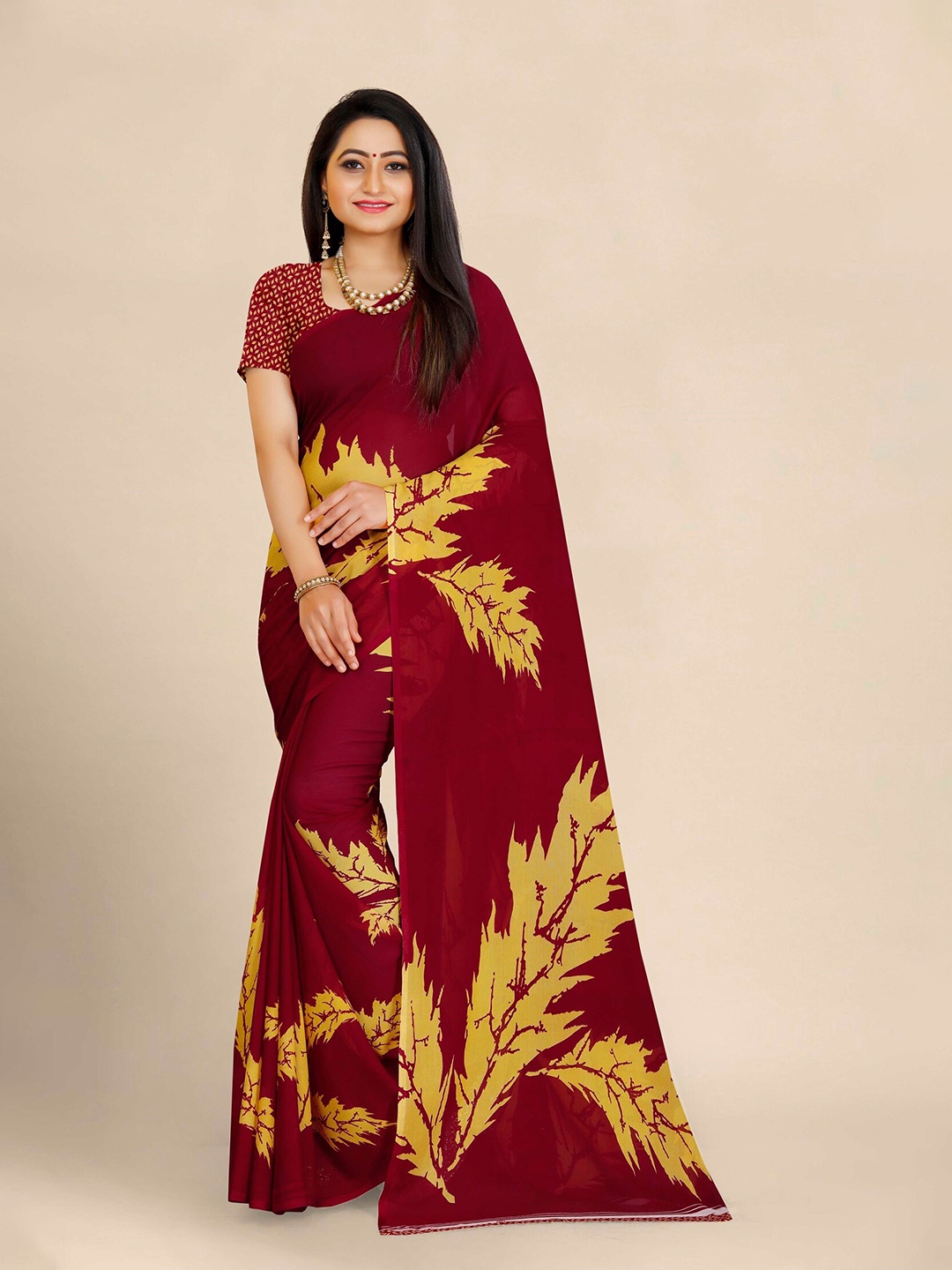 KALINI Maroon & Yellow Printed Pure Georgette Saree