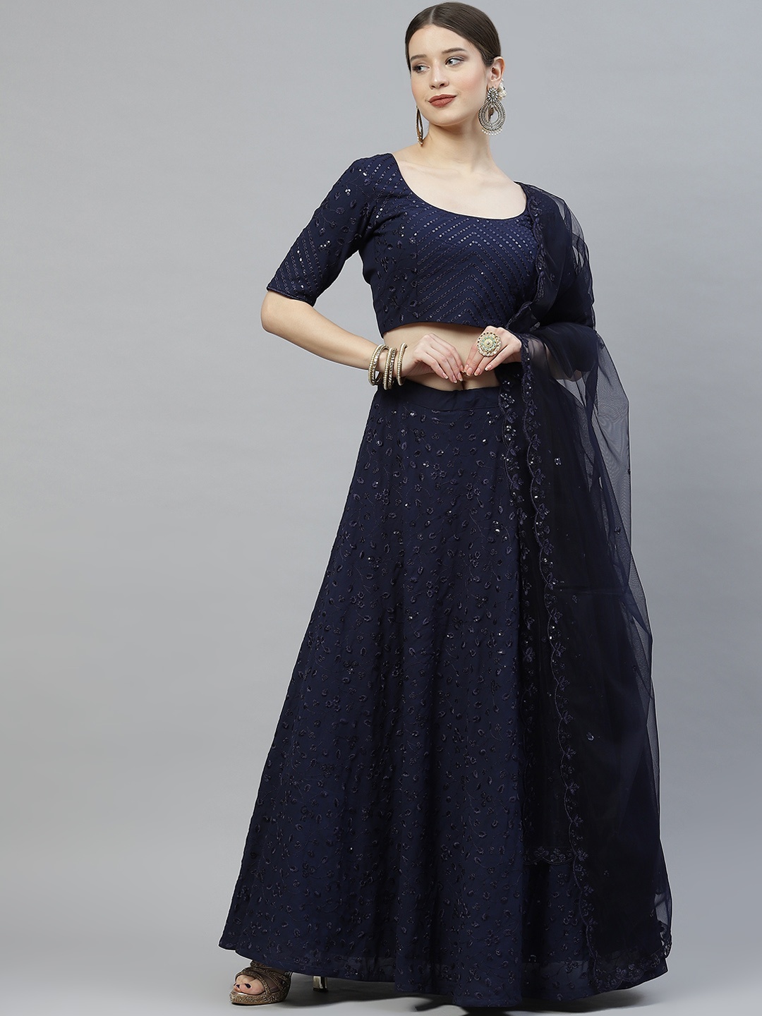 SHUBHKALA Navy Blue Sequinned Semi-Stitched Lehenga & Unstitched Blouse With Dupatta
SHUBHKALA Navy Blue Sequinned Semi-Stitched Lehenga & Unstitched Blouse With Dupatta