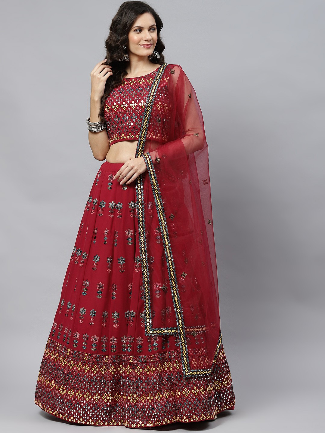 SHUBHKALA Maroon Embellished Mirror Work Semi-Stitched Lehenga & Unstitched Blouse With Dupatta
SHUBHKALA Maroon Embellished Mirror Work Semi-Stitched Lehenga & Unstitched Blouse With Dupatta