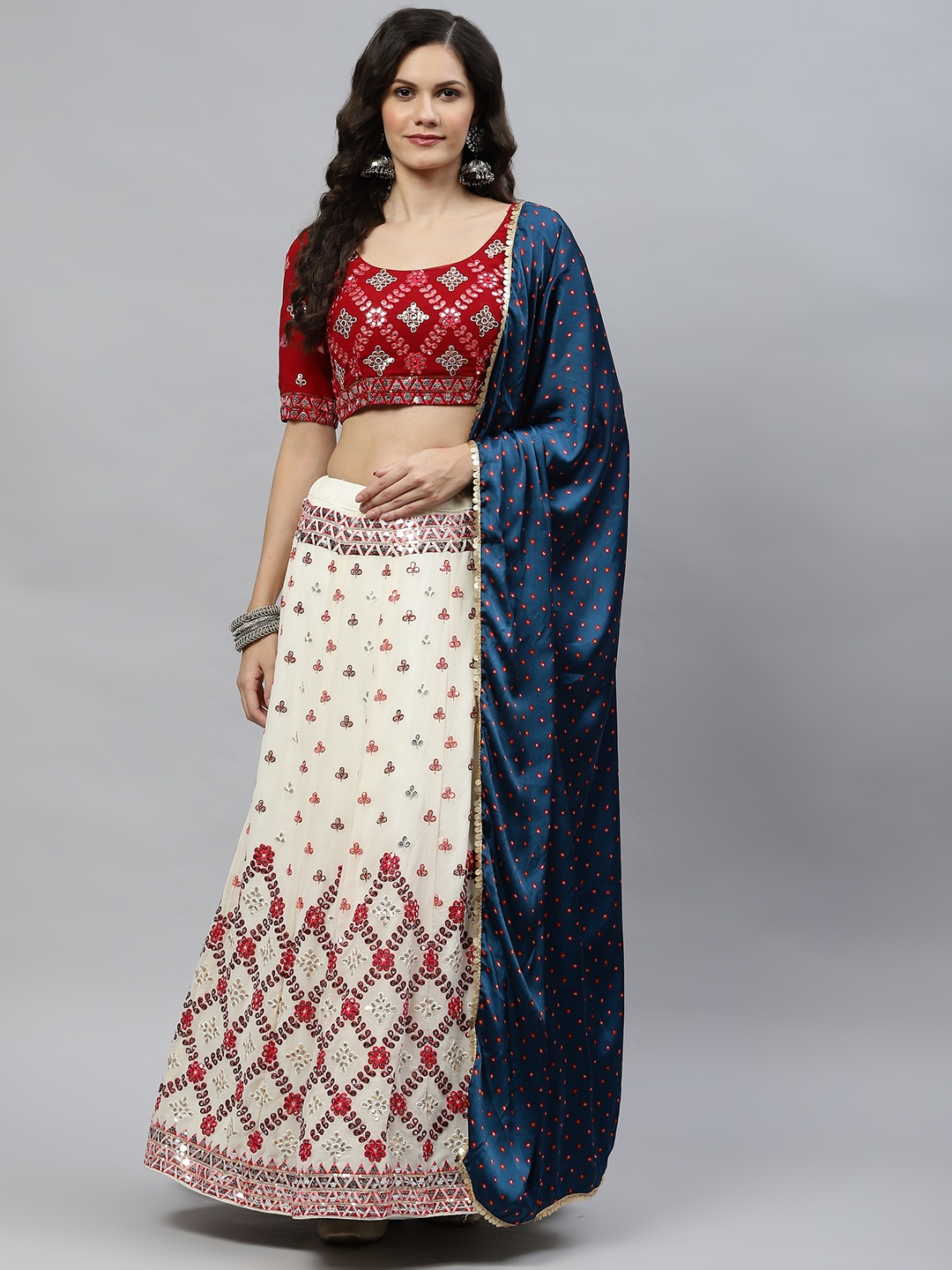 SHUBHKALA Off White & Maroon Embroidered Sequinned Semi-Stitched Lehenga & Unstitched Blouse With Dupatta
SHUBHKALA Off White & Maroon Embroidered Sequinned Semi-Stitched Lehenga & Unstitched Blouse With Dupatta