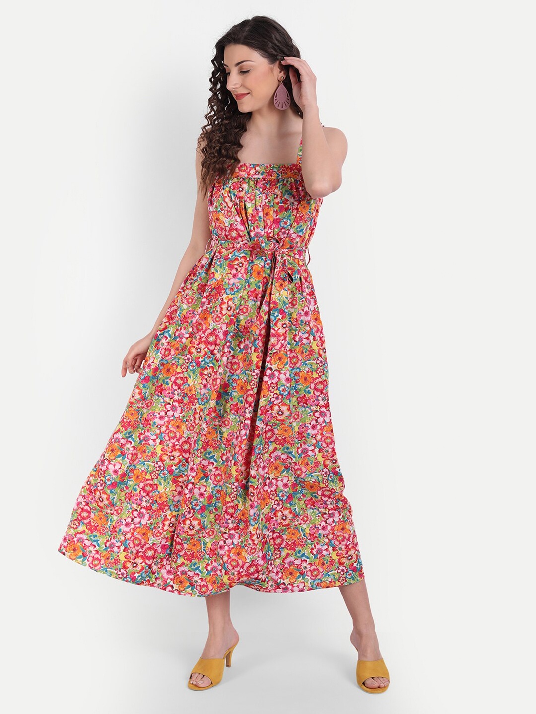 MINGLAY Orange Floral Midi Dress
