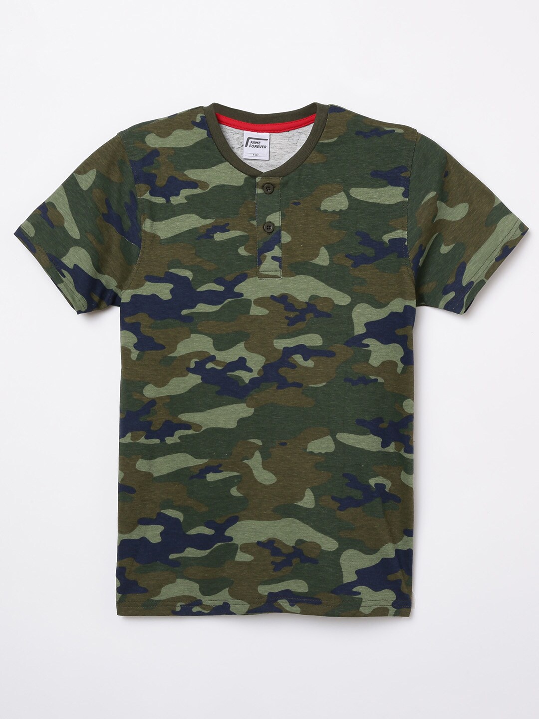 Fame Forever by Lifestyle Boys Olive Green Camouflage Printed V-Neck Pure Cotton T-shirt
Fame Forever by Lifestyle Boys Olive Green Camouflage Printed V-Neck Pure Cotton T-shirt