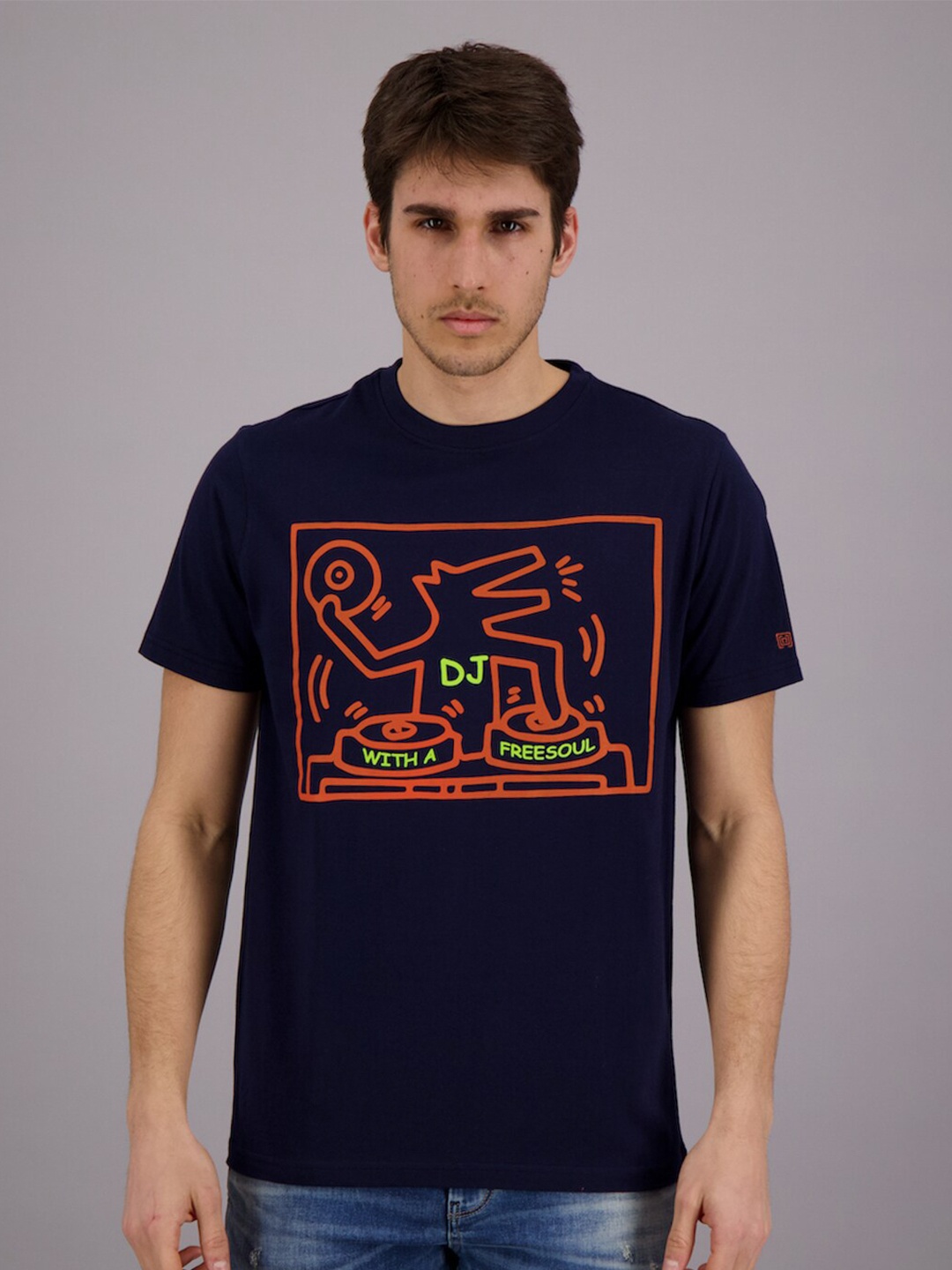 FREESOUL Men Navy Blue & Red Printed Pure Cotton T-shirt