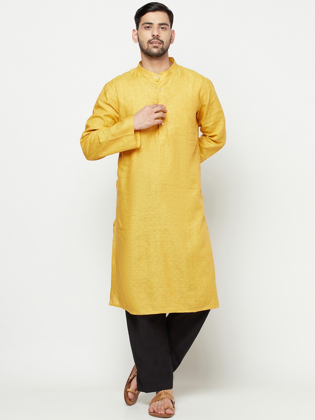 Fabindia Men Yellow Dobby Kurta