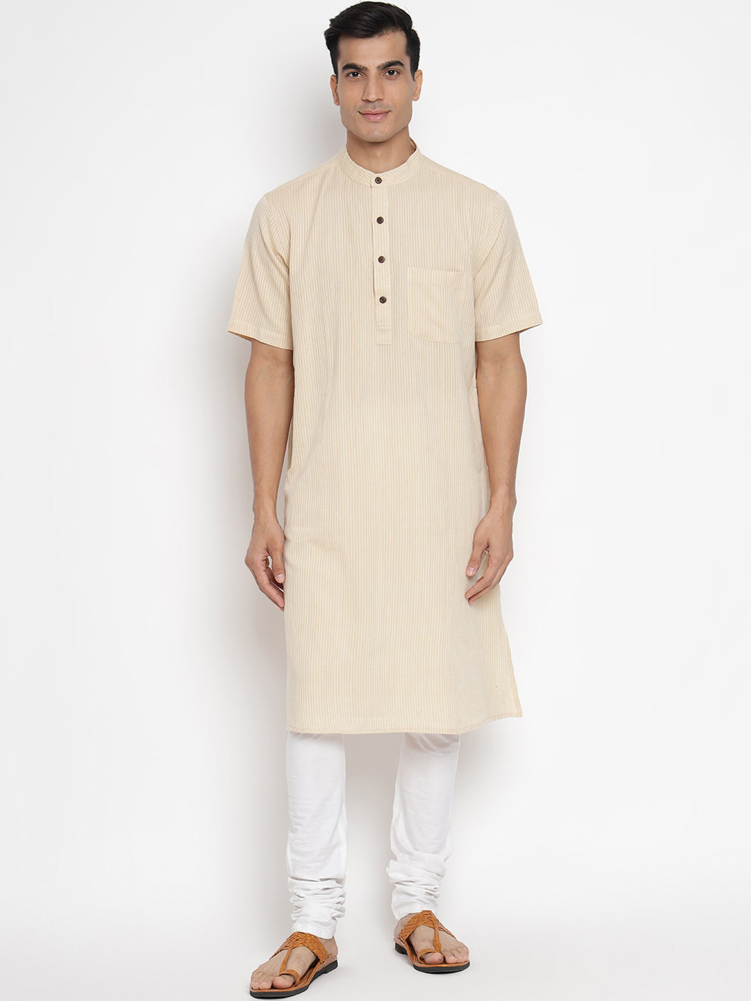 Fabindia Men Beige & White Striped Dobby Kurta
Fabindia Men Beige & White Striped Dobby Kurta
