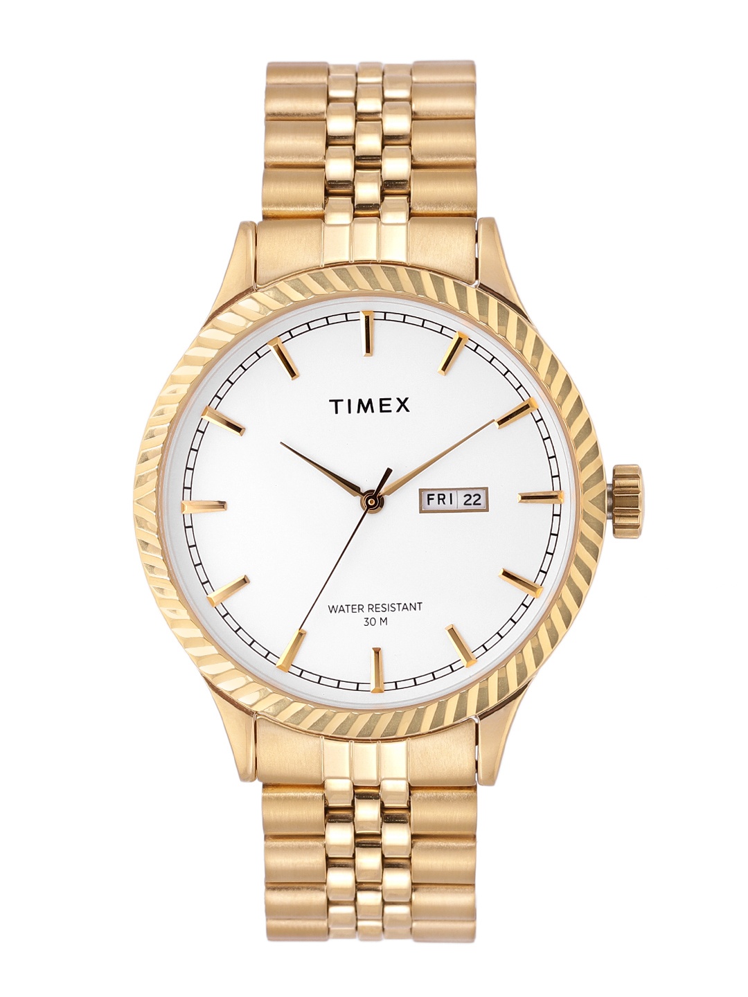 Timex Men White Dial & Gold Toned Stainless Steel Bracelet Straps Analogue Watch TW0TG7501
Timex Men White Dial & Gold Toned Stainless Steel Bracelet Straps Analogue Watch TW0TG7501