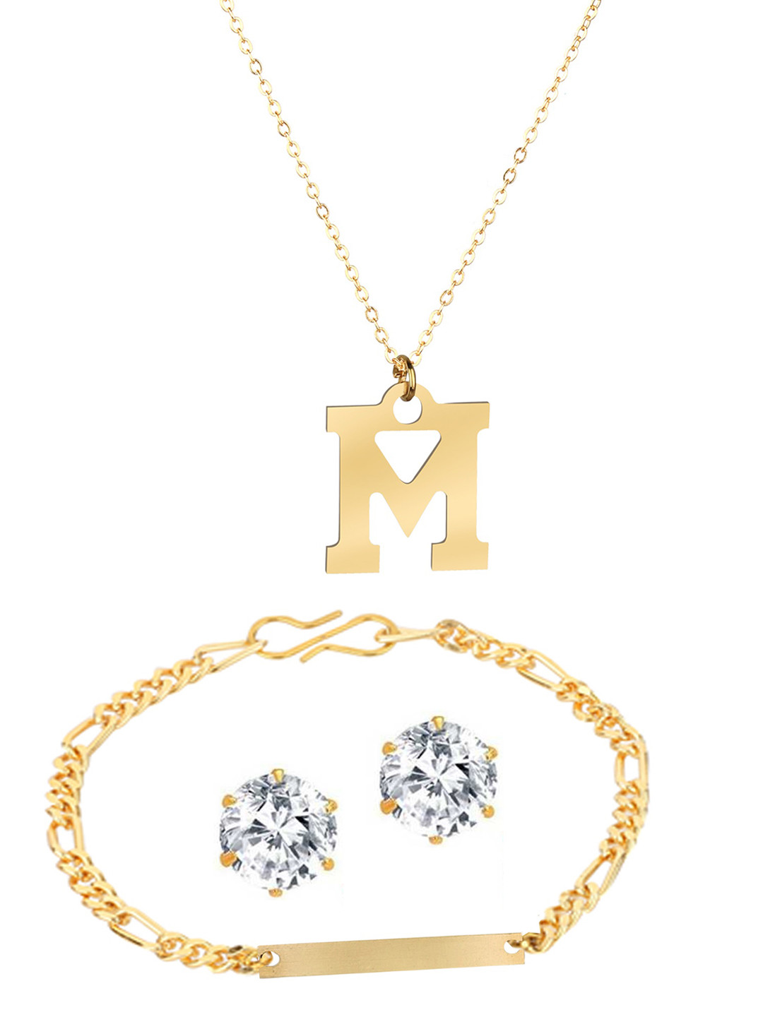 Goldnera Gold-Toned Alphabet Pendant with Combo of Ear Stud and Bracelet 
Goldnera Gold-Toned Alphabet Pendant with Combo of Ear Stud and Bracelet