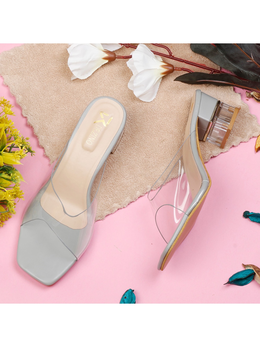 R DEZINO Grey & Transparent Open Toe Block Heels